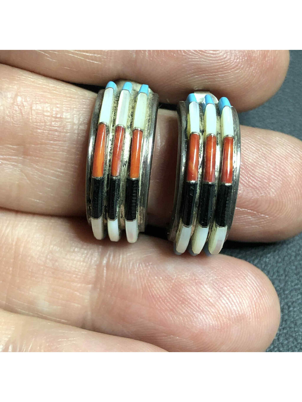5569 Vintage patina Signed ED Sterling Coral Turquoise MOP hoop Earrings 8.5G - Picture 2 of 4